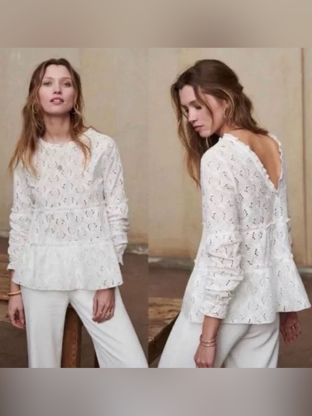 Sezane White Eyelet Lace Peplum Blouse
